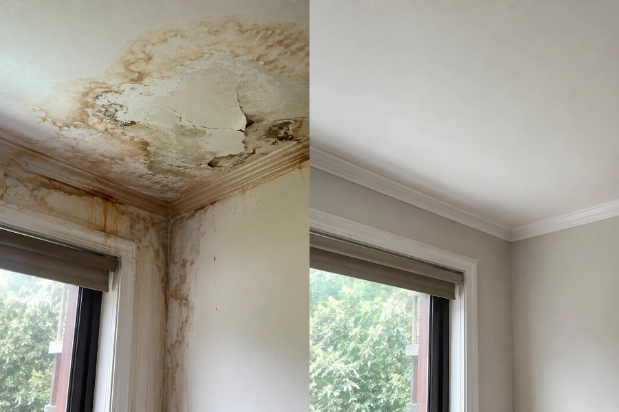 Ceiling water stain before and after repair in Pomona home