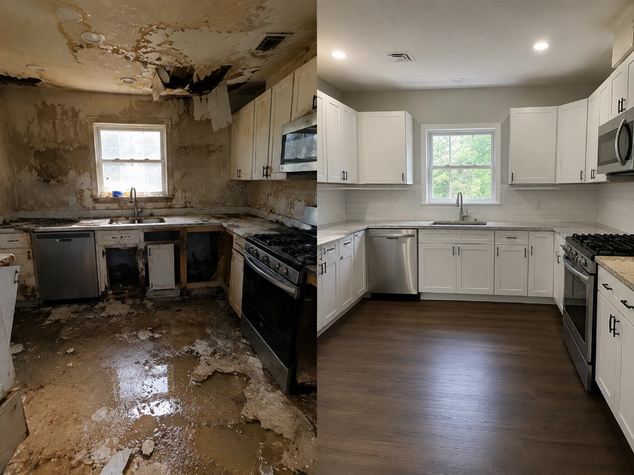 Severely water damaged kitchen before and after full restoration in Pomona
