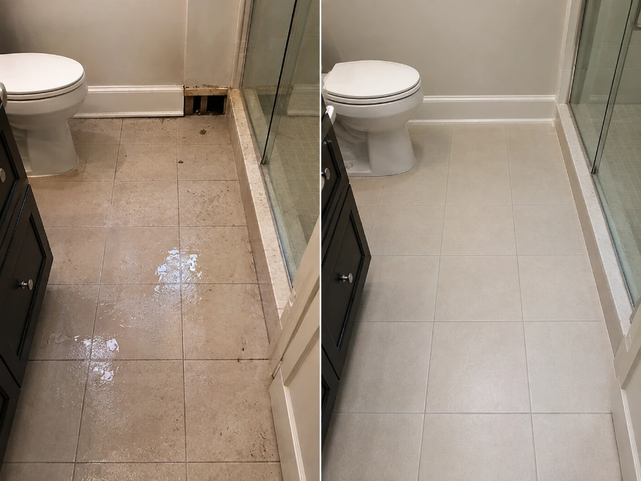 Flooded bathroom floor before and after burst pipe water damage repair in Pomona