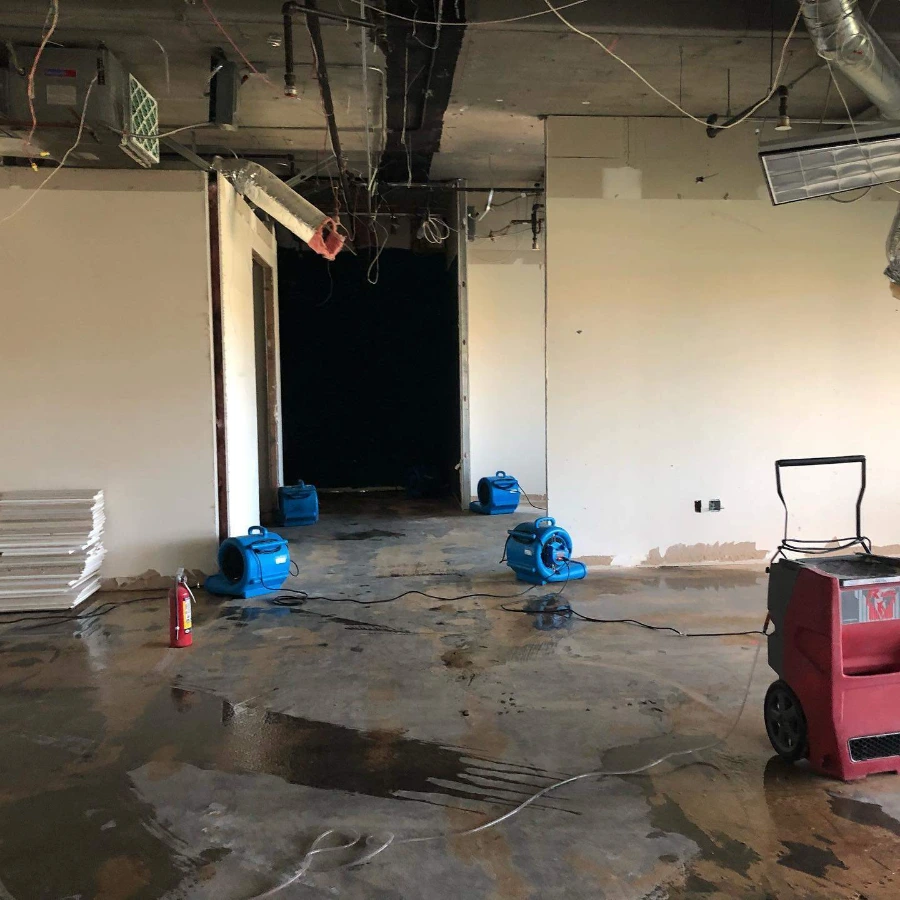 Air movers and dehumidifier drying a water-damaged room in Pomona